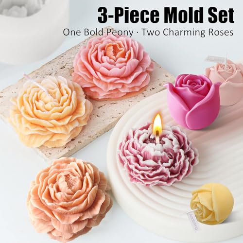 3 Pcs Peony Flower Silicone Candle Molds Set (3 Count)