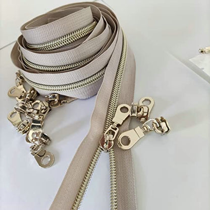 5 Light Gold Teeth Metallic Nylon Coil Zippers by The Yard Bulk 10 Yards Beige Tape with 25pcs Gold Sliders for DIY Sewing Tailor Craft Bag