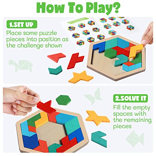 3 Pack Large Wooden Blocks Puzzles Hexagon Tangram Puzzle Wooden Russian Brain Puzzles for Adult Challenge Teasers Geometric Jigsaw Logic Iq STEM Educational Gift Graduation (3 Count)