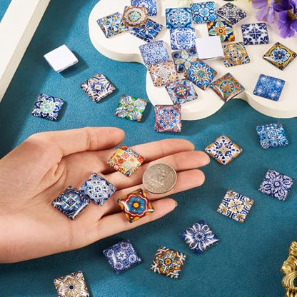 20Pcs 20mm Flower Printed Mosaic Tile Glass Cabochon Square Floral Glass CabochonsVintage Mixed Colors Dome Cabochon for Photo Cameo Pendant Craft Jewelry Making Supplies Craft (20 Count)