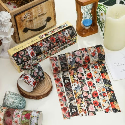10 Rolls Blooming Flowers Washi Tape Set Floral Arts Adhesive Tapes Colorful Garden Decorative Masking Tape Sets for Craft (10 Count)