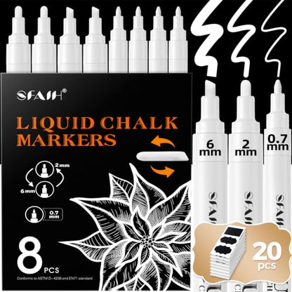 White Liquid Chalk Markers for Blackboard Glass 8 Pack (8 Count)