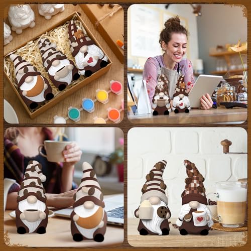6 Set Fall Coffee Gnome Ceramics to Paint for Adults Ready to Paint Your Own Autumn Ceramic Gnome Statues DIY Paintable Ceramics Painting Kit Blank Figurines with Brush Palette Home Farm Decor (6 Count)