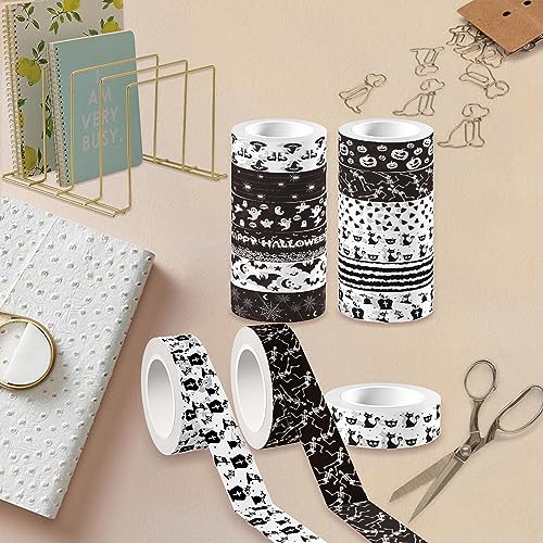 12 Pcs Halloween Washi Tape White and Black Halloween Masking Tape Ghosts Pumpkins Bats Pattern Decorative Paper Sticker for Halloween Party Holiday Scrapbook DIY Craft Gift Wrapping Handbook Sticker (12 Count)