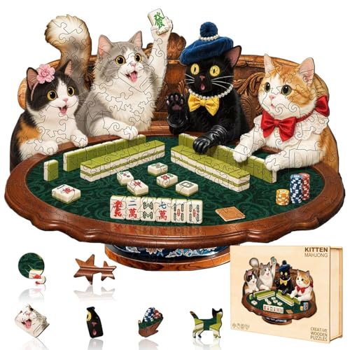 Cats Mahjong Puzzles Adults Gifts Wooden 75 Pieces (75 Count)