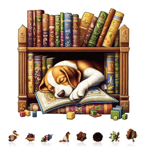 Puppy Dog Puzzles Bookshelf Books Library Shape Puzzle Adults Gifts for Women Men Wooden 100 Pieces 8.5 * 8.5in Wall Decor