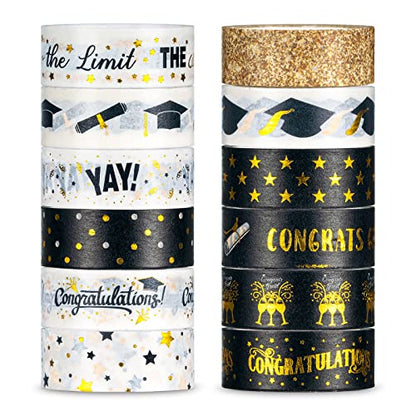 12 Rolls Graduation Washi Tape 2026 Grad Black Foil Gold Washi Masking Tape Graduation Congratulations Decorative Paper Sticker for Scrapbook DIY Art Crafts Gift Wrapping (117.6 Foot)