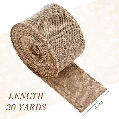 20 Yard 4 Inches Burlap Ribbon Wide Jute Ribbon Natural Burlap Fabric Roll Wired Edge for Wreaths