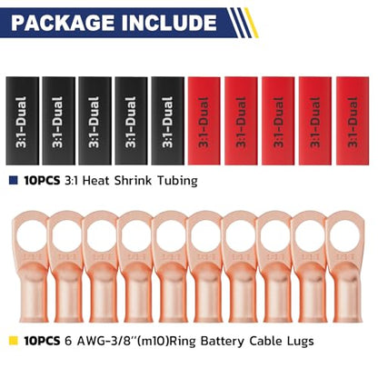 20PCS Battery Cable Lug & Heat Shrink Kit 6 AWG 3