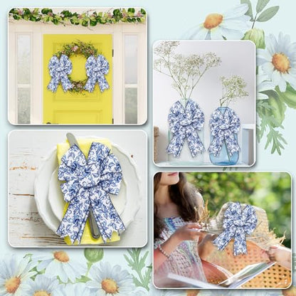 Blue White Floral Wired Edge Ribbon Roll Vintage Watercolor Flower Craft Ribbon Chinoiserie Fabric Ribbons for Wreath Bow Making DIY Craft Wrapping Party Supplies