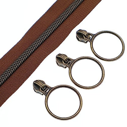 5 Antique Brass Metallic Nylon Coil Zippers by the Yard Bulk 10 Yards with Ring Pulls