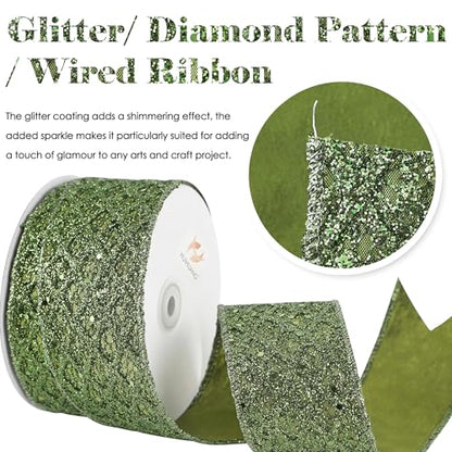 Moss Green Glitter Christmas Wired Ribbon 2.5 inch x 10 Yards (30 Foot)