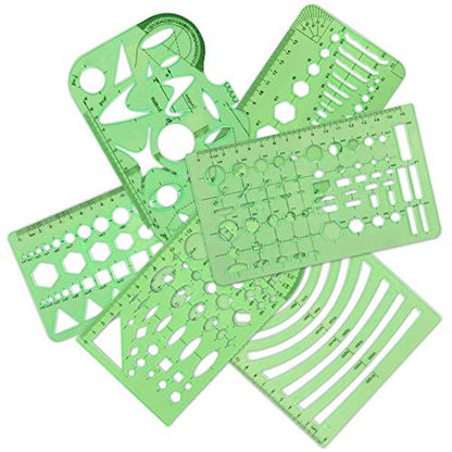 11 Pieces Geometric Drawings Templates Stencils Plastic Measuring Template Rulers Clear Green Shape Template for Drawing Engineering Drafting Building School Office Supplies (11 Count)