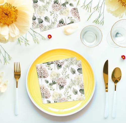 100 Pcs Hydrangea Scatter Floral Cocktail Beverage Napkins Hydrangeas Flowers Disposable Paper Dessert Napkin for Spring Summer Birthday Party Supplies (100 Count)