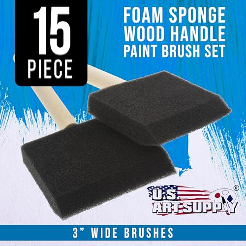 US Art Supply 3 inch Foam Sponge Wood Handle Paint Brush Set (15 Count)