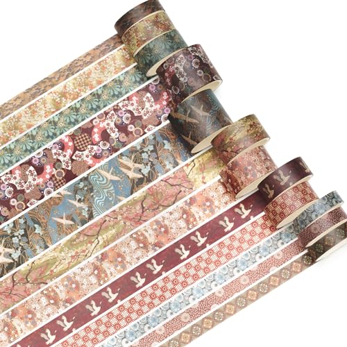 12 Rolls Kyoto Charm Washi Tape Set Japanese Arts Adhesive Tapes Geometric Garden Decorative Masking Tape Sets for Craft (12 Count)