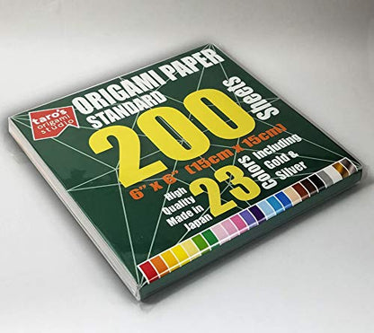 Taro's Origami Studio] Standard 6 Inch One Sided 23 Colors 200 Sheets Square Easy Fold Premium Japanese Paper for Beginner
