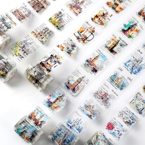 6 Rolls PET Tapes Set Pre Cut Tape Stickers City Stickers journaling Tape Transparent Sticker Books for Scrapbooking Scrapbook Tape Decorative (6 Count)