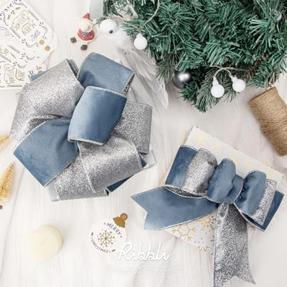 Dusty Blue Velvet Wired Ribbon 2.5 Inch Dusty Blue Velvet with Silver Glitter Christmas Ribbon for Christmas Tree Decoration Big Bow Gift Wrapping Crafts Wreaths Supplies (30 Foot)
