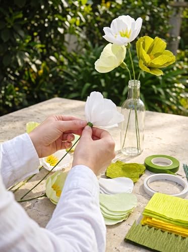 Sage Green White Crepe Paper Poppy Flower DIY Making Kit for Home Table Decor Gift Craft 24 pcs (24 Count)