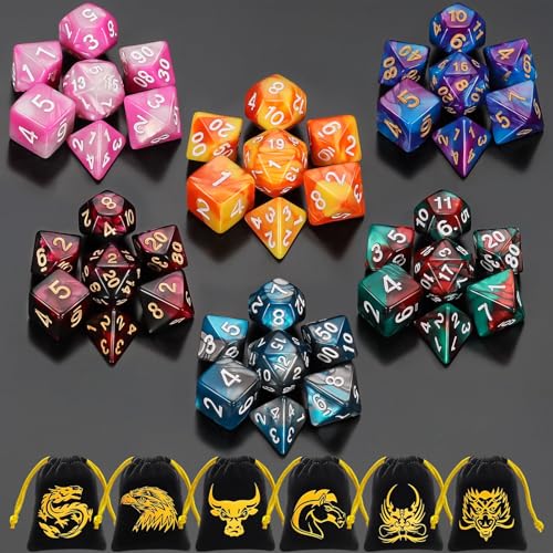 42 Pcs (6 X 7) Polyhedral Dice - 6 Sets DND Dice + 6 Drawstring Bags (42 Count)
