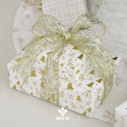 Gold Wired Ribbon 2.5 Inch Sheer Wired Christmas Ribbon with Horizontal Stripes and Polka Dots Christmas Ribbons Organza Wire 25 Yards Organza Sheer Ribbons for Gift Wrapping (75 Foot)