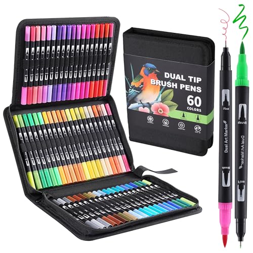 60 Colors Dual Tip Watercolor Paint Markers Pens (60 Count)