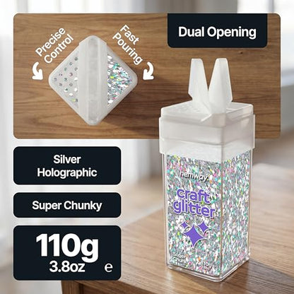 Craft Glitter Shaker Silver Holographic 110g Super Chunky (3.9 Ounce)