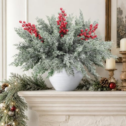 12 Pcs 16.5" Artificial Christmas Snow Pine Branches with Red Berry Stems (12 Count)