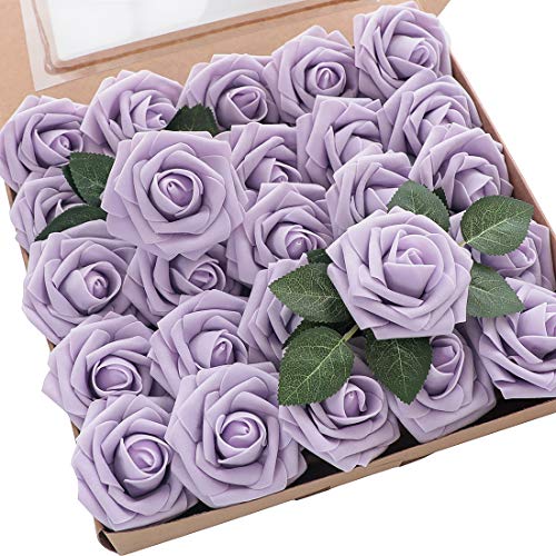 Artificial Flowers 25pcs Real Looking Lilac Foam Fake Roses with Stems for DIY Wedding Bouquets Bridal Shower Centerpieces Floral Arrangements Party Tables Home Decorations (25 Count)