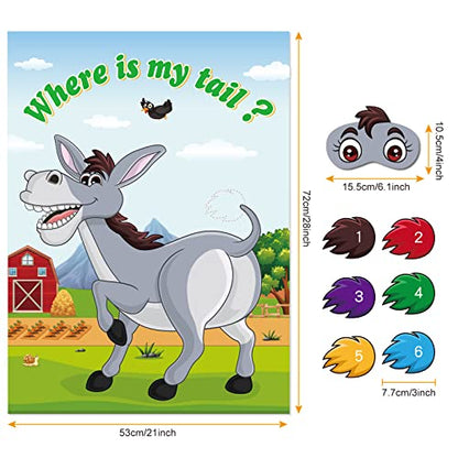 Pin The Tail on The Donkey Game with 30 Tail Stickers for Birthday Party Carnival Circus Supplies