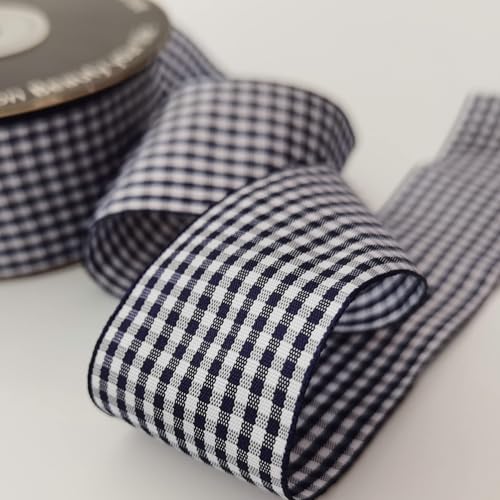 1.5 Inch Blue and White Woven Edge 100% Polyester Gingham Ribbon 25 Yards Each Roll (75 Foot)