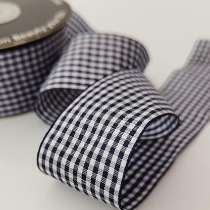 1.5 Inch Blue and White Woven Edge 100% Polyester Gingham Ribbon 25 Yards Each Roll (75 Foot)