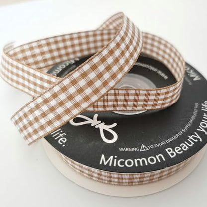 Khaki and White Woven Edge Plaid Ribbon 100% Polyester Gingham Ribbon 25 Yards Each Roll (75 Foot)