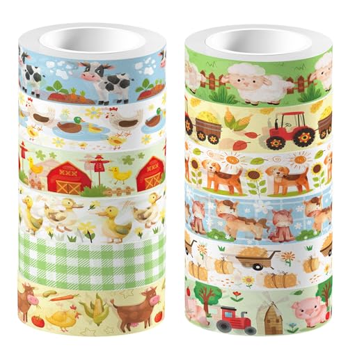 12 Pcs Farm Animals Washi Tape Farm Animals Masking Tape Decorations Farmhouse Cow Sheep Pig Ducks Decorative Paper Sticker for Vintage Journals (12 Count)
