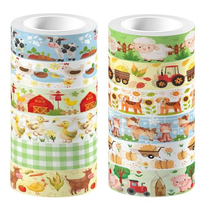 12 Pcs Farm Animals Washi Tape Farm Animals Masking Tape Decorations Farmhouse Cow Sheep Pig Ducks Decorative Paper Sticker for Vintage Journals (12 Count)