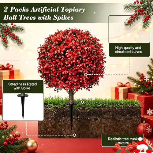 2Pack UV Resistant Red Artificial Boxwood Topiary Fake Plant (2 Count)