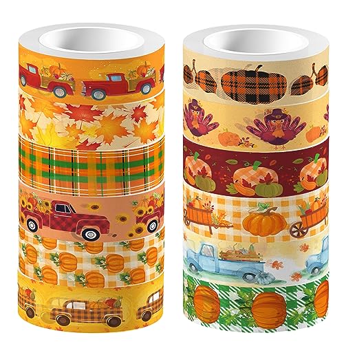 12 Pcs Thanksgiving Print Masking Tape Fall Maple Leaf Washi Tape Pumpkin Pattern Decorative Paper Sticker for Fall Party Holiday Scrapbook DIY Craft Gift Wrapping Handbook Sticker (12 Count)