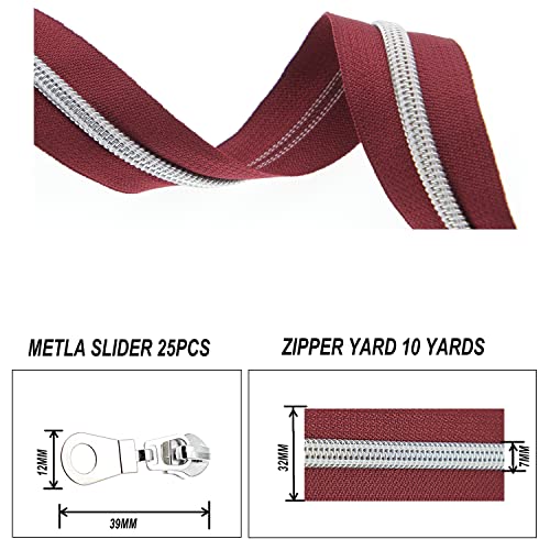 5 Metallic Silver Nylon Coil Zippers by The Yard Bulk 10 Yards Wine Color Zipper Tape with 25pcs Silver Sliders for DIY Sewing Tailor Craft Bag