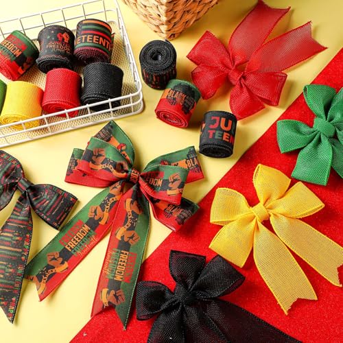 12 Rolls 60 Yards Juneteenth Ribbons Wired Edge Fabric Ribbons Craft Assortment Themed Juneteenth Freedom Day Pattern Wrapping Crafts for DIY Gift Hair Sewing Wreath (12 Count)
