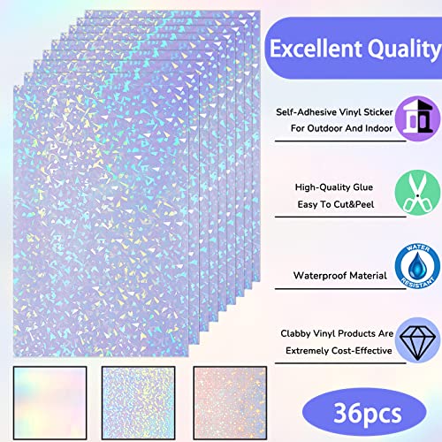 36 Sheets Holographic Sticker Paper A4 Vinyl Holographic Laminate Sheets Self Adhesive Waterproof Transparent Film