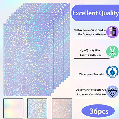 36 Sheets Holographic Sticker Paper A4 Vinyl Holographic Laminate Sheets Self Adhesive Waterproof Transparent Film