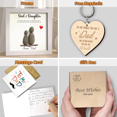 Personalized Dad Pebble Wooden Frame with Ornament Custom Father & Daughter Natural Stone with Meaningful Quote Best Dad Ever Gifts Fathers Day for Father Grandpa Family Keepsake Plaque for Family