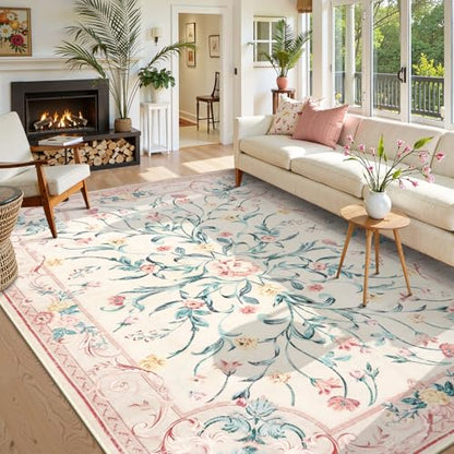Pink Floral 8x10 Washable Rug for Living Room (11520 sq in)