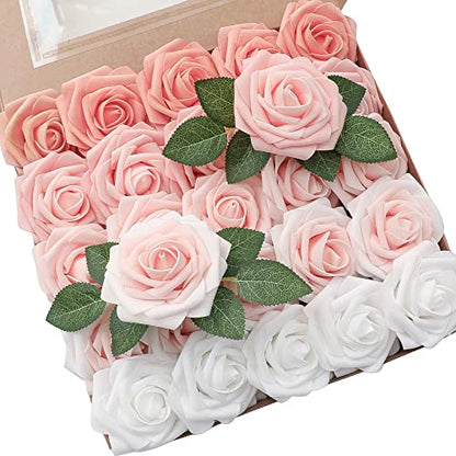 Artificial Flowers 25pcs Real Looking Blush Ombre Colors Foam Fake Roses with Stems for DIY Wedding Bouquets Bridal Shower Pink Centerpieces Floral Arrangements Party Tables Home Decorations (25 Count)