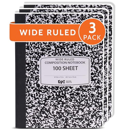 3 Pack EPI Marble Hardcover Wide Ruled Composition Notebook (3 Count)