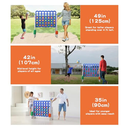 Jumbo 4-in-a-Row Game Set, Height Adjustable Indoor Outdoor Yard Game with Basketball Hoop, Ring Toss & Carrying Bag, Family Party Lawn Game for Kids and Adults