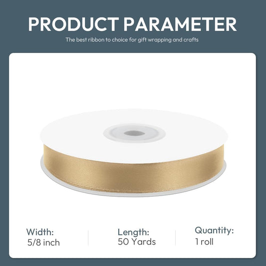 5/8" Wide x 50 Yards Polyester Satin Ribbon - Single Faced Champagne Gold, Perfect for Wedding Decor, Wreath, Crafts & Gift Wrapping - Crafty Corner