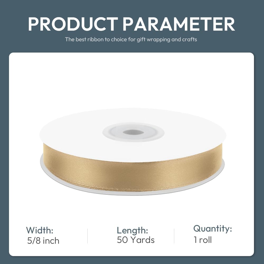 5/8" Wide x 50 Yards Polyester Satin Ribbon - Single Faced Champagne Gold, Perfect for Wedding Decor, Wreath, Crafts & Gift Wrapping - Crafty Corner