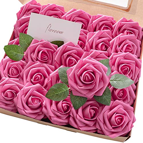 Artificial Flowers 50pcs Real Looking Hot Pink Foam Fake Roses with Stems for DIY Wedding Bouquets Baby Shower Centerpieces Floral Arrangements Party Tables Home Decorations (50 Count)